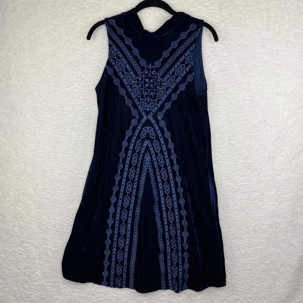 THML Navy Blue Velvet Embroidered Sleeveless Mini Shift Dress Pockets XS